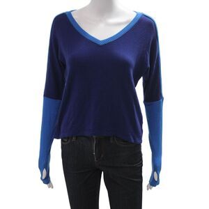 Red Haute Womens Cropped Silk V-Neck Solid Dark Blue Sweater Longsleeve Size XS